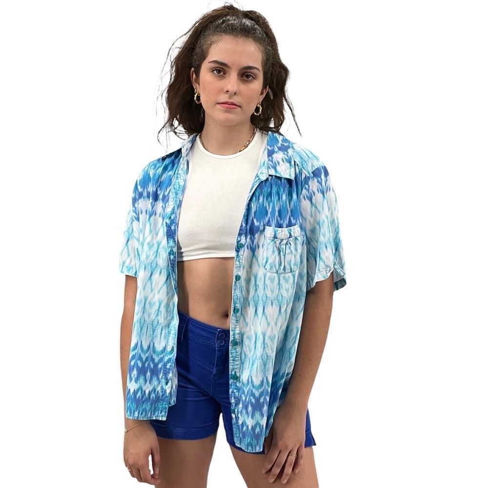 Oversized Camp Shirt Short Sleeve Button Up Blue White Ikat Print | Small/Medium - Picture 2 of 7